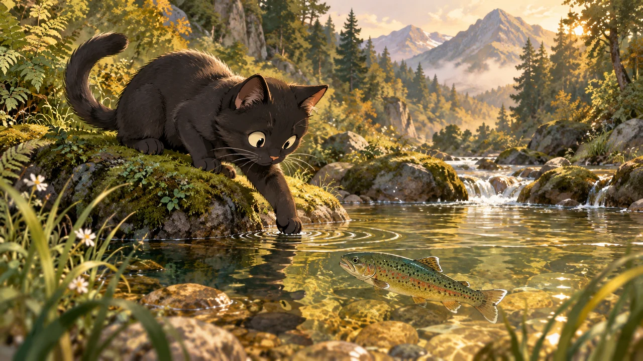 Le chat et la truite dans la rivière